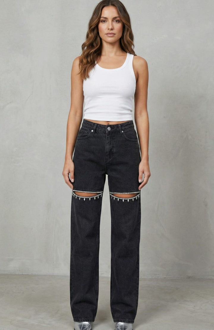 Women's High-Waist Dark Wash Wide Leg Jeans Crystal Cut-Out Detail