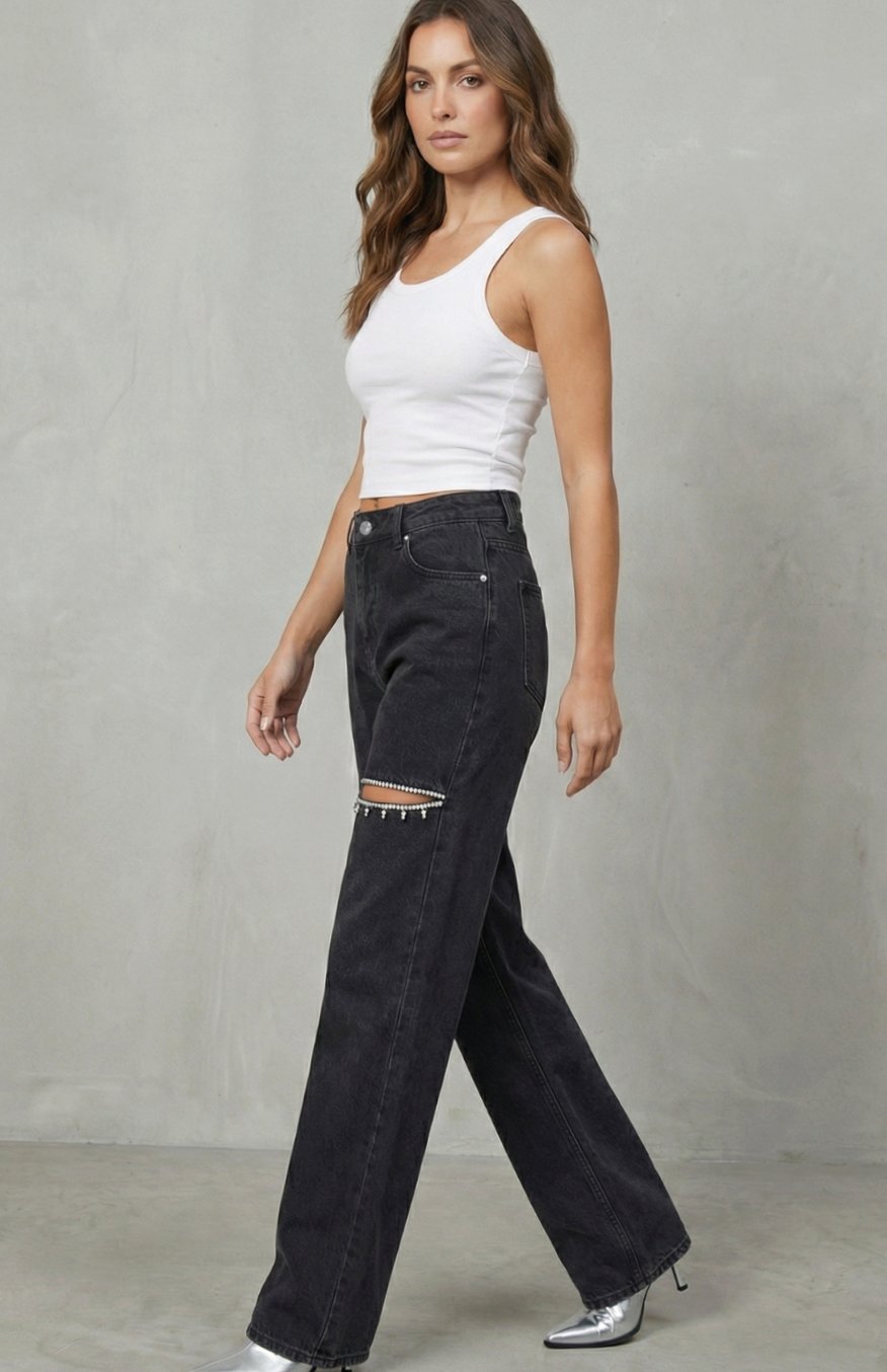 Women's High-Waist Dark Wash Wide Leg Jeans Crystal Cut-Out Detail