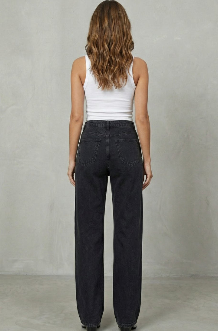 Women's High-Waist Dark Wash Wide Leg Jeans Crystal Cut-Out Detail