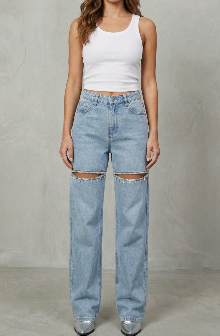 Women's High-Waist Dark Wash Wide Leg Jeans Crystal Cut-Out Detail - Blue