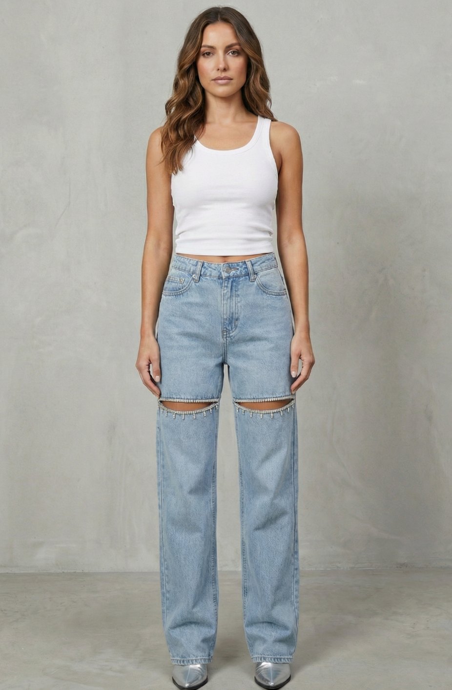 Women's High-Waist Dark Wash Wide Leg Jeans Crystal Cut-Out Detail