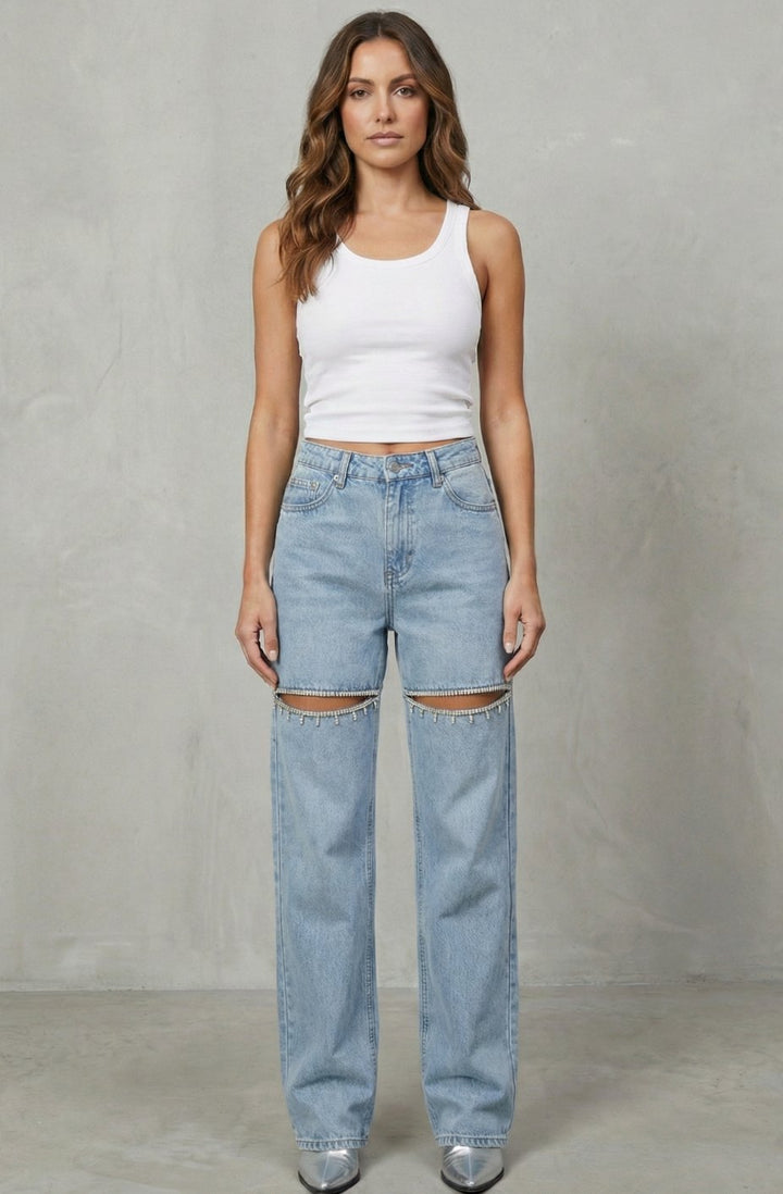 Women's High-Waist Dark Wash Wide Leg Jeans Crystal Cut-Out Detail