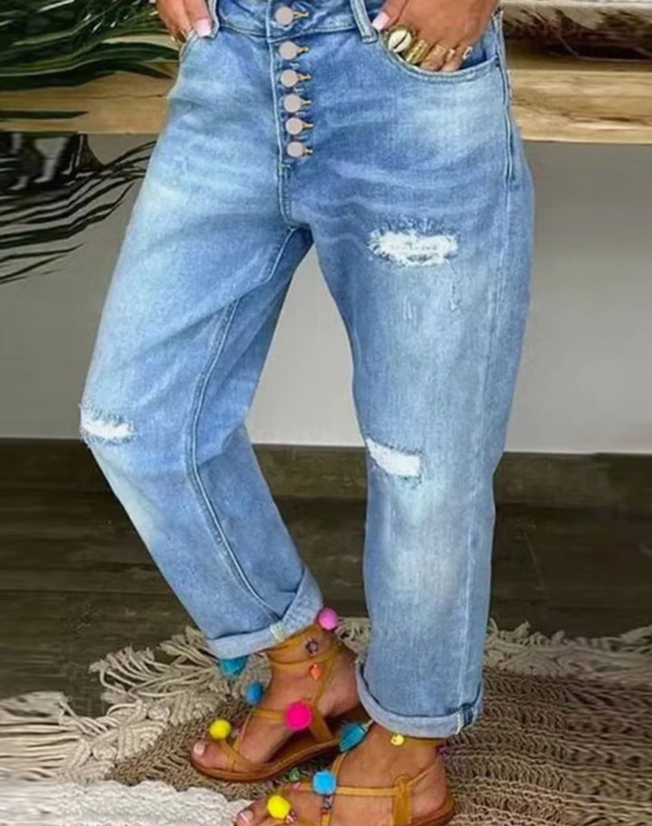 Women's High-Waist Distressed Baggy Jeans Button-Fly