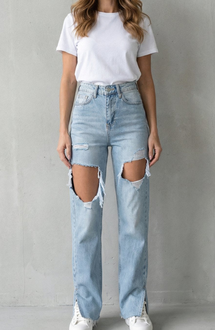 Women's High-Waist Distressed Straight Leg Jeans - Light Blue