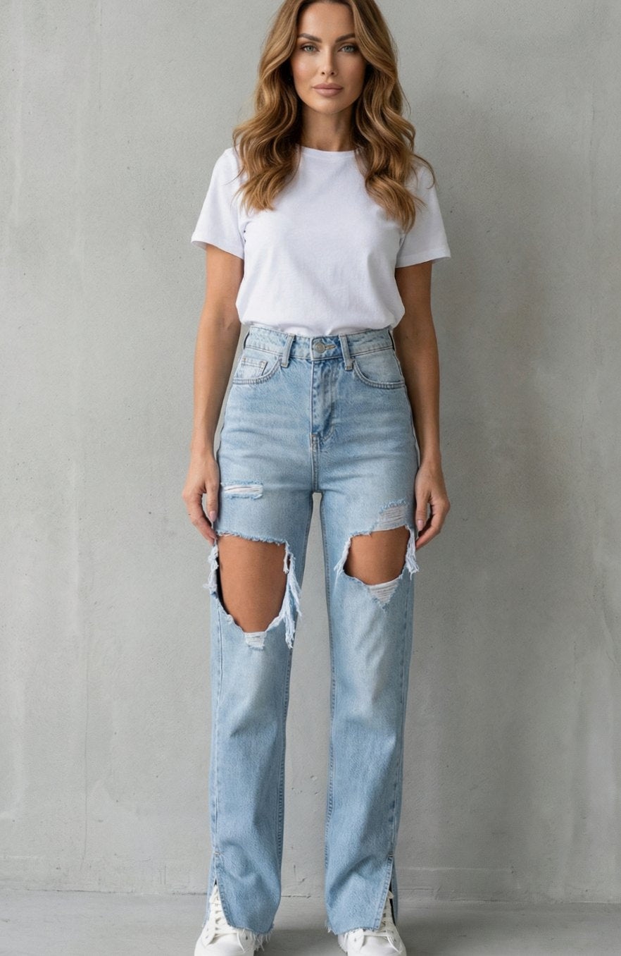 Women's High-Waist Distressed Straight Leg Jeans