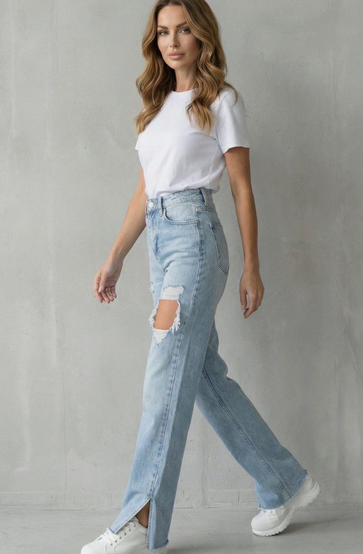 Women's High-Waist Distressed Straight Leg Jeans