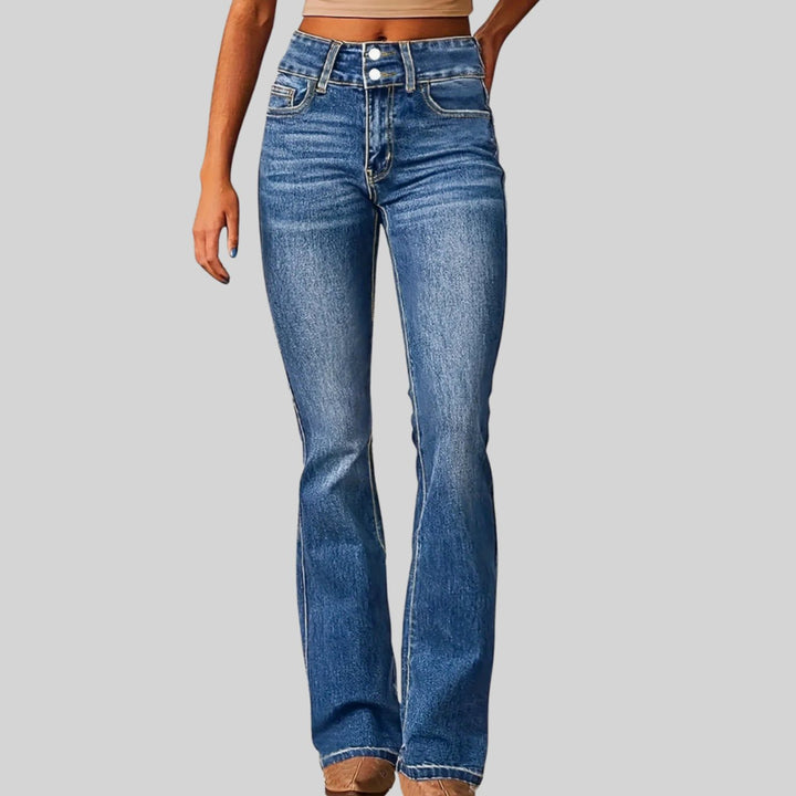 Women's High-Waist Double-Button Flare Jeans - Ocean Blue