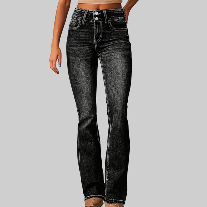 Women's High-Waist Double-Button Flare Jeans - Black