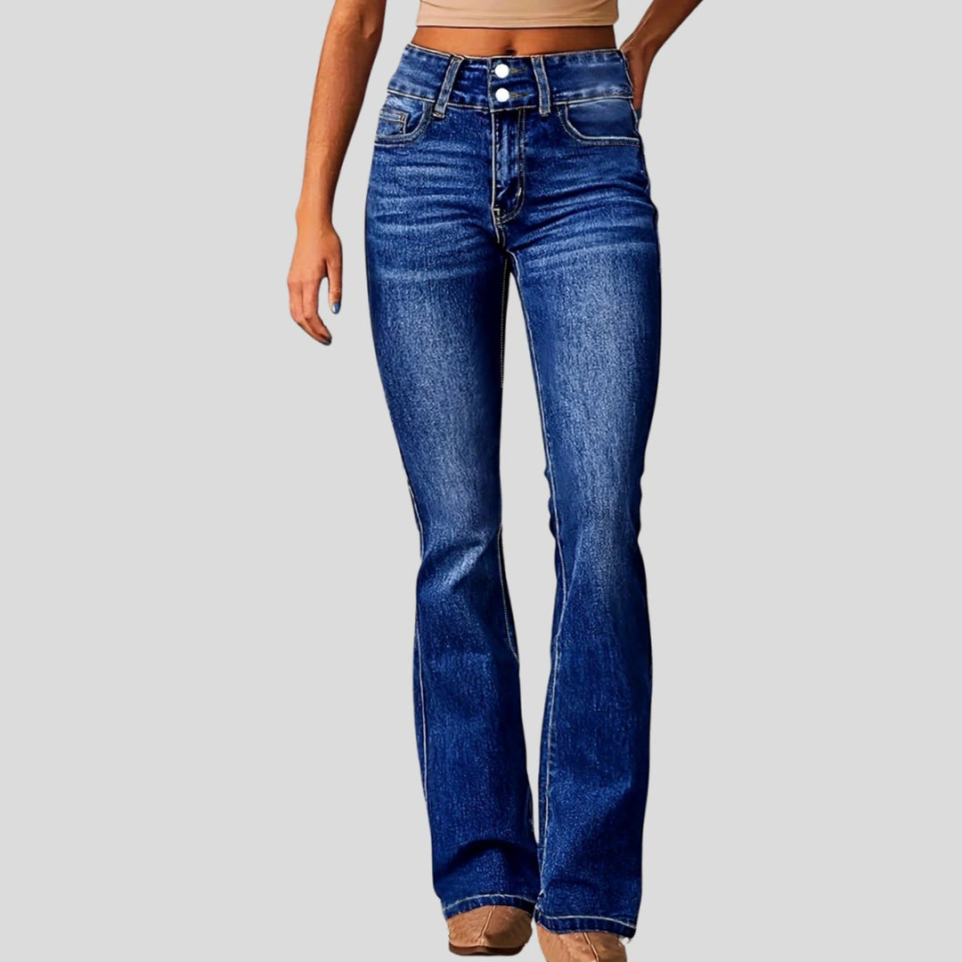 Women's High-Waist Double-Button Flare Jeans - Teal Blue