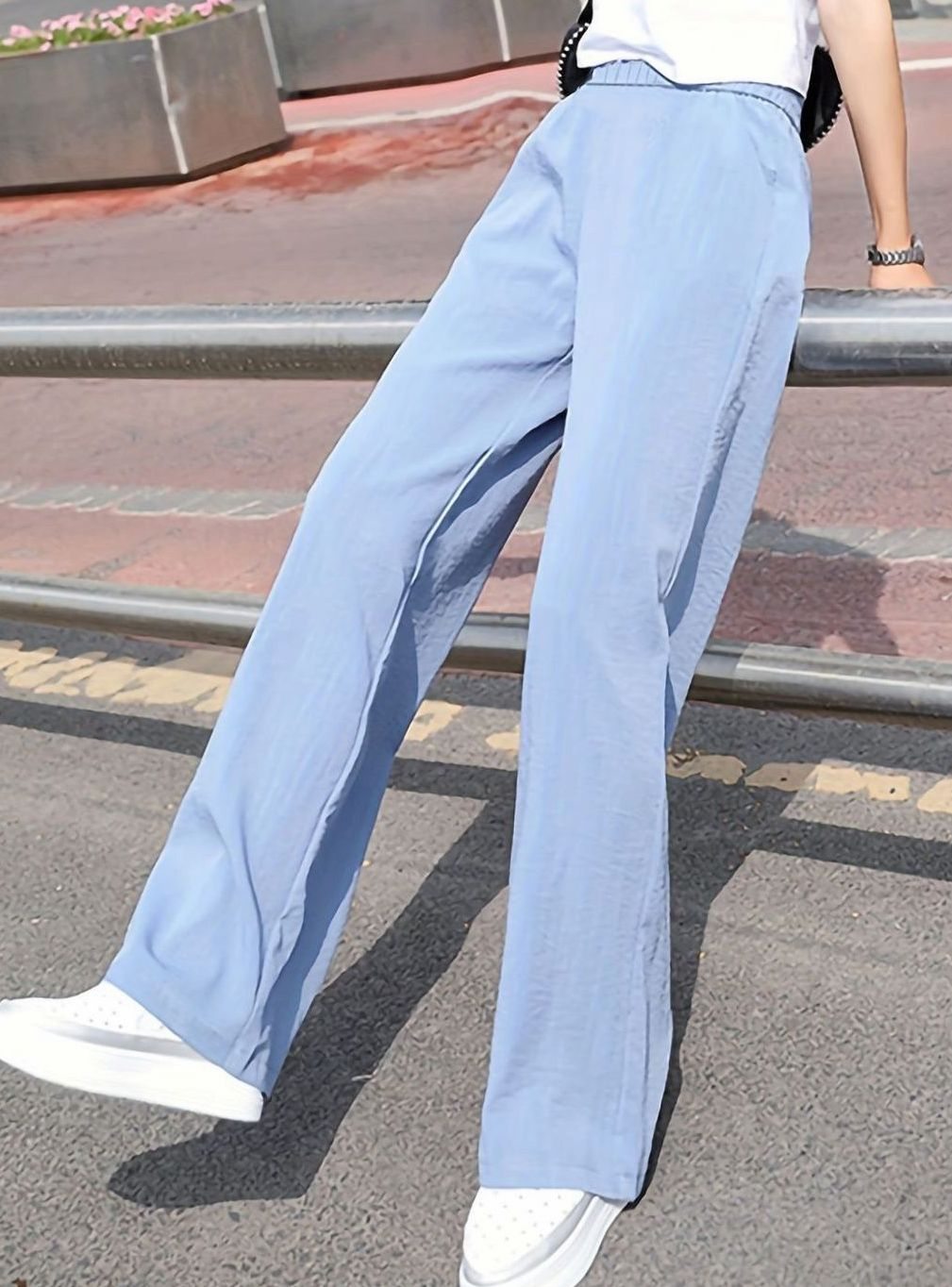 Women's High-Waist Elastic-Waist Wide Leg Palazzo Pants - Light Blue