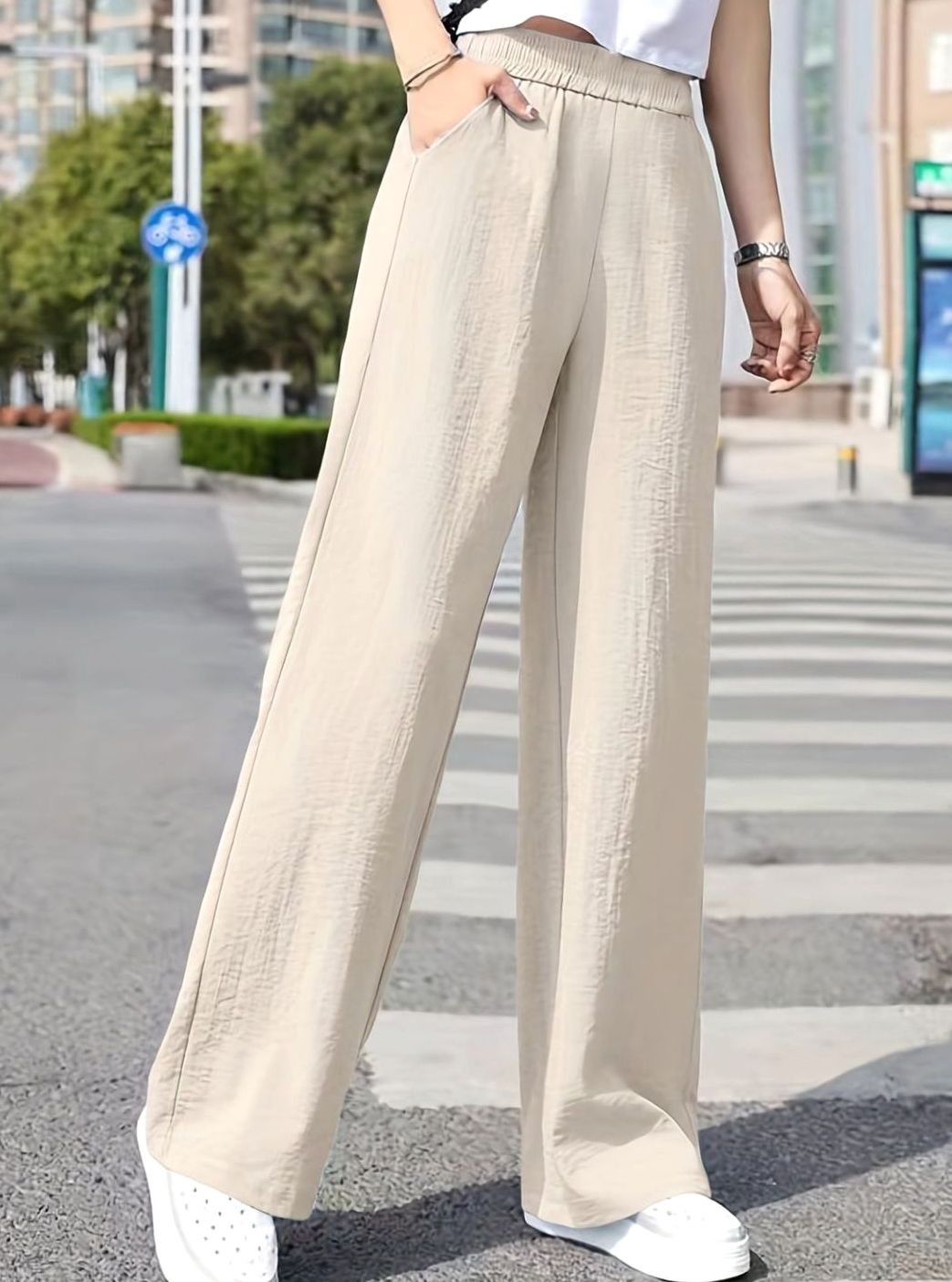 Women's High-Waist Elastic-Waist Wide Leg Palazzo Pants - Khaki