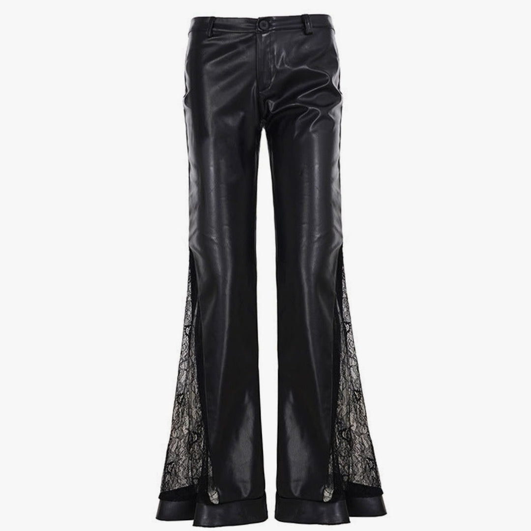 Women's High-Waist Faux Leather Flare Pants Lace Insert - Black
