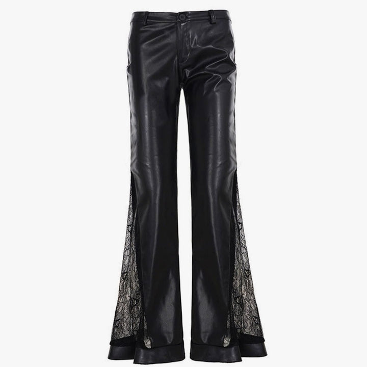 Women's High-Waist Faux Leather Flare Pants Lace Insert - Black