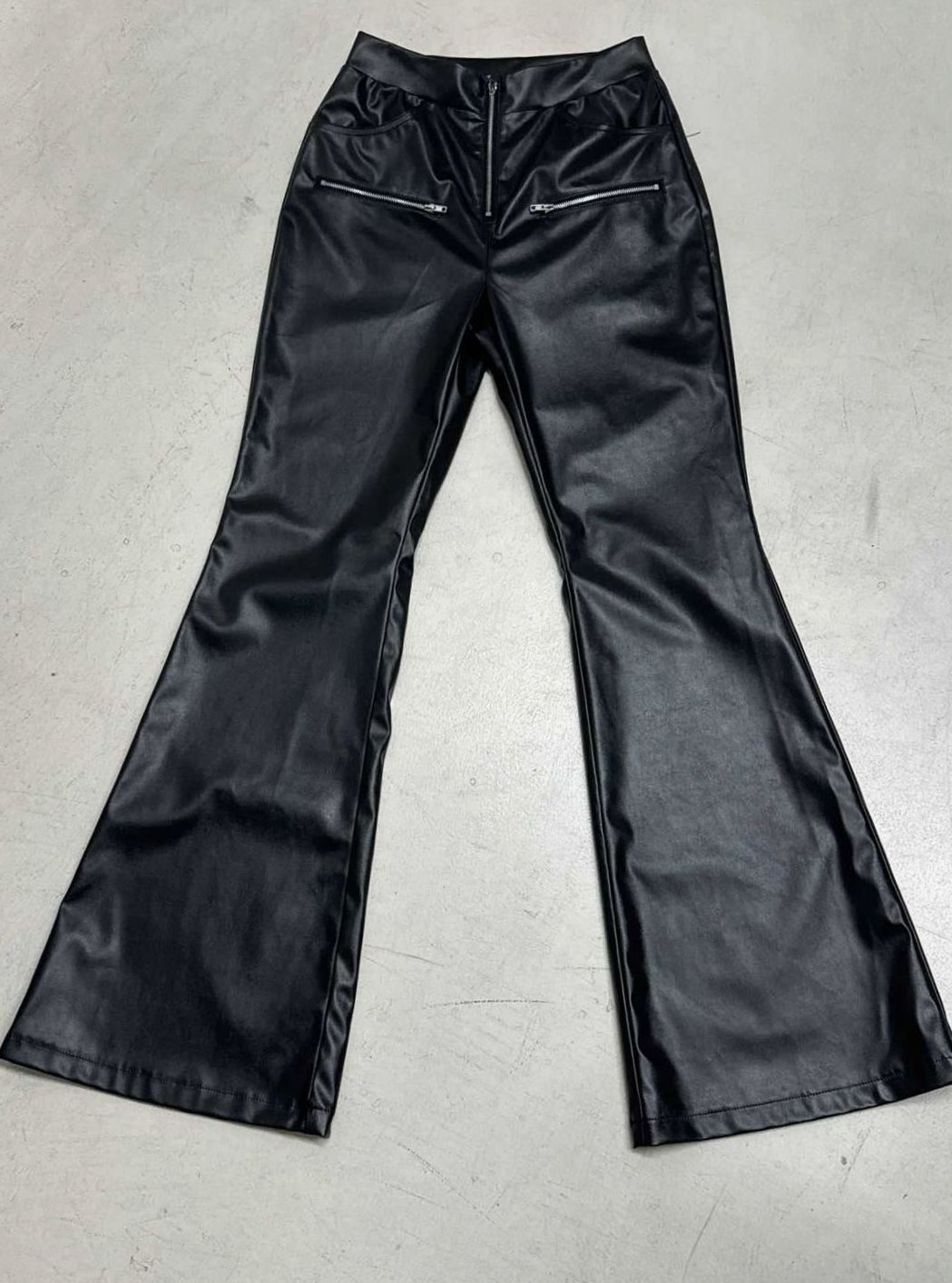 Women's High-Waist Faux Leather Flare Pants Lace Insert - Red