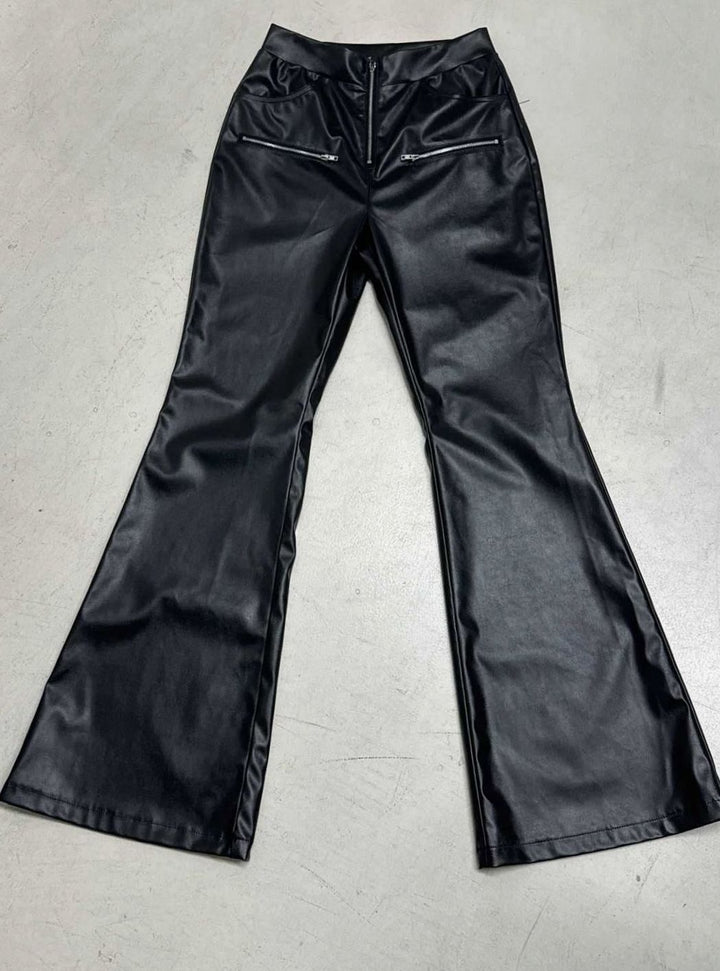 Women's High-Waist Faux Leather Flare Pants Lace Insert - Red