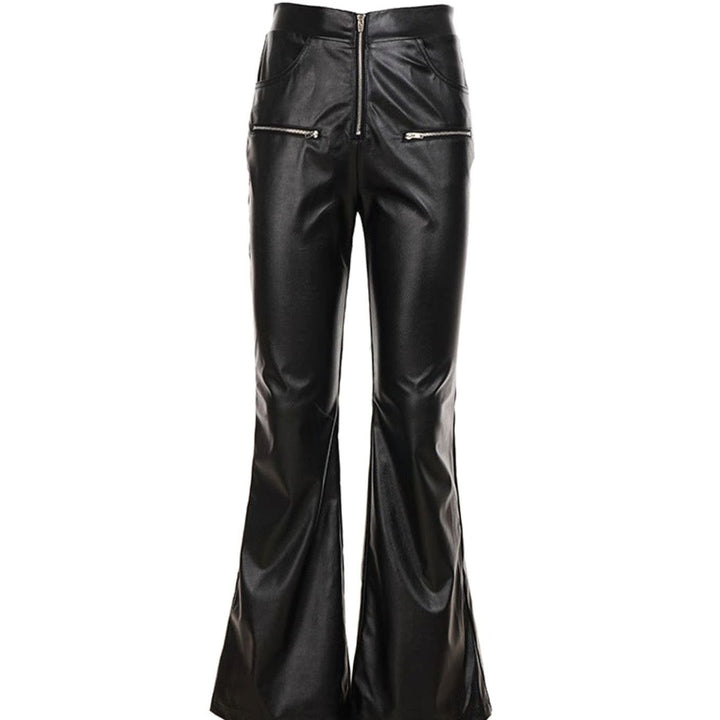 Women's High-Waist Faux Leather Flare Pants Lace Insert - Black (Lace Trim)