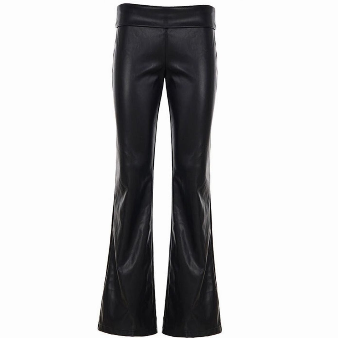 Women's High-Waist Faux Leather Flare Pants Lace Insert - Black (Matte)