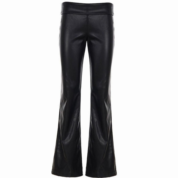 Women's High-Waist Faux Leather Flare Pants Lace Insert - Black (Matte)