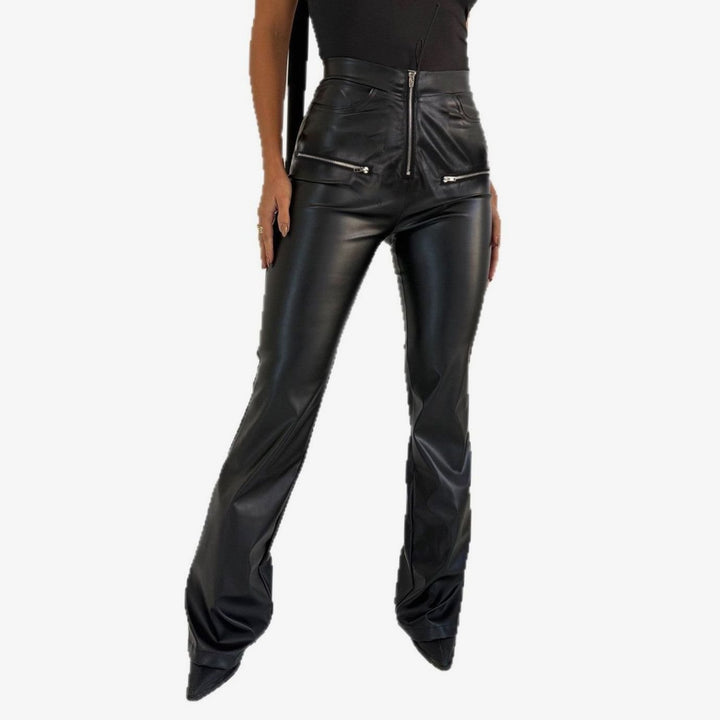 Women's High-Waist Faux Leather Flare Pants Lace Insert