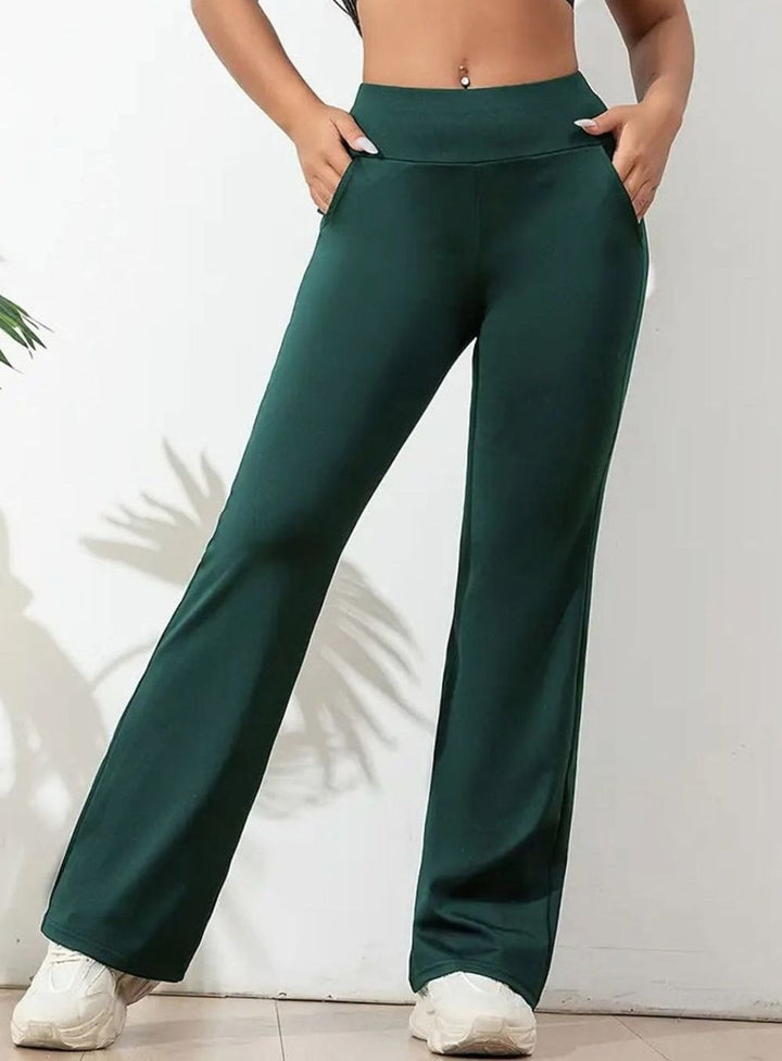Women's High-Waist Flare Leggings Wide-Leg Active Pants - Green