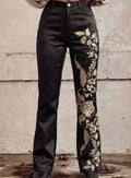 Charlotte | Women's High-Waist Floral Embroidered Straight-Leg Black Jeans