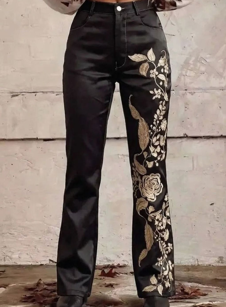 Women's High-Waist Floral Embroidered Straight-Leg Black Jeans