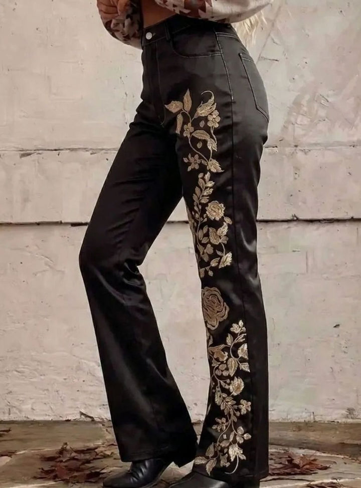 Women's High-Waist Floral Embroidered Straight-Leg Black Jeans