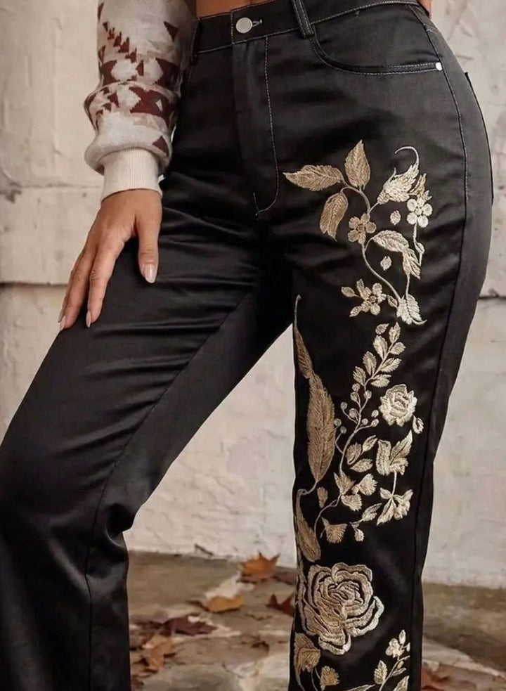 Women's High-Waist Floral Embroidered Straight-Leg Black Jeans
