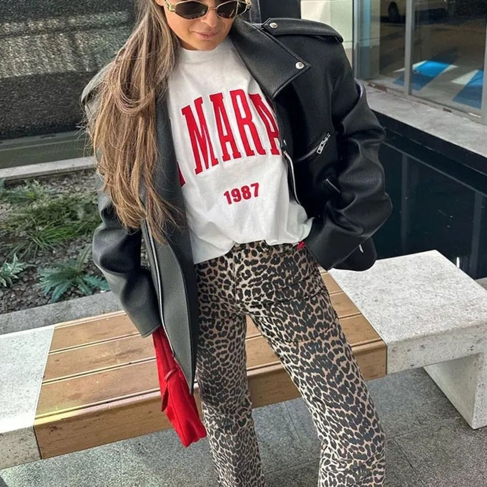 Women's High-Waist Leopard Print Vintage Straight-Leg Jeans