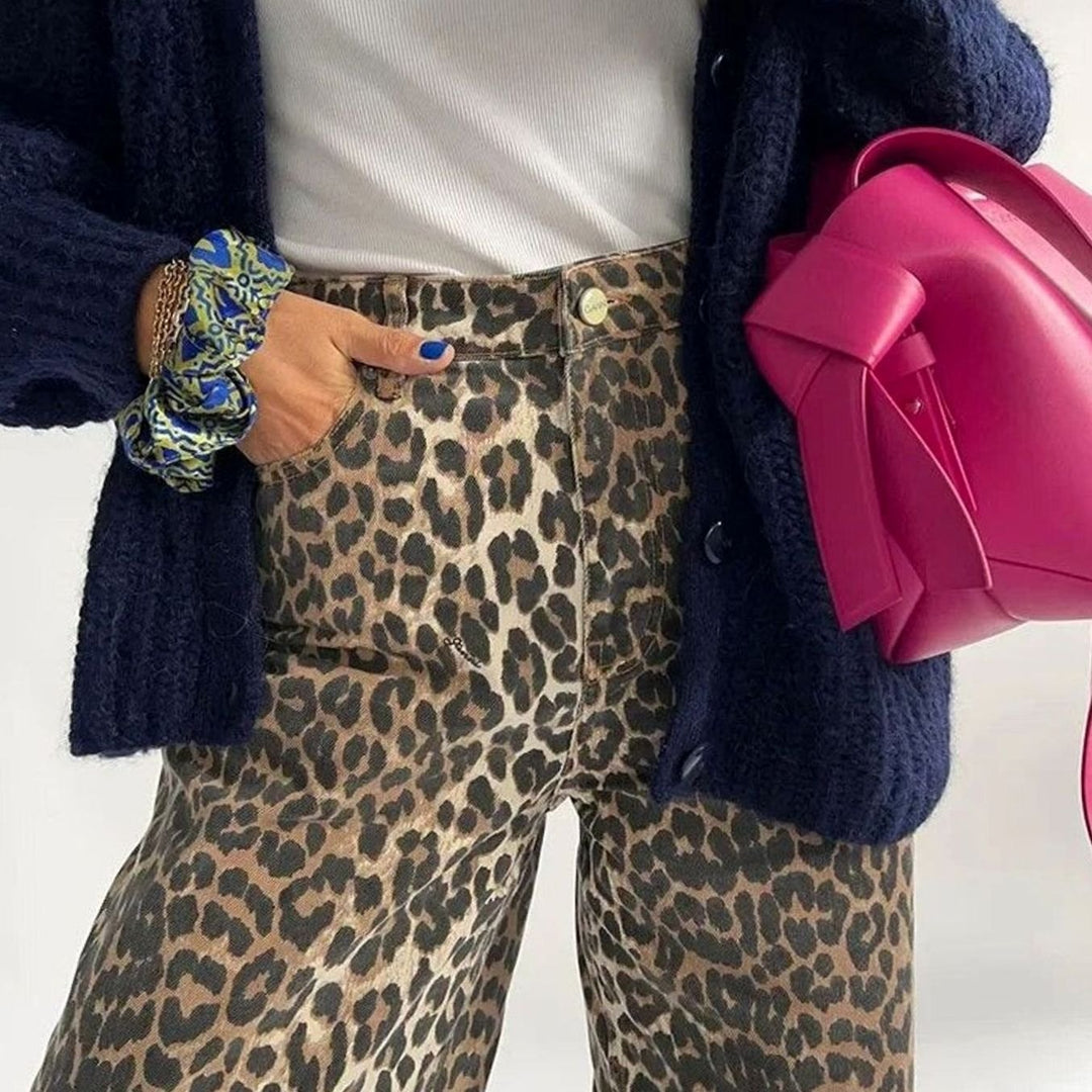 Women's High-Waist Leopard Print Vintage Straight-Leg Jeans
