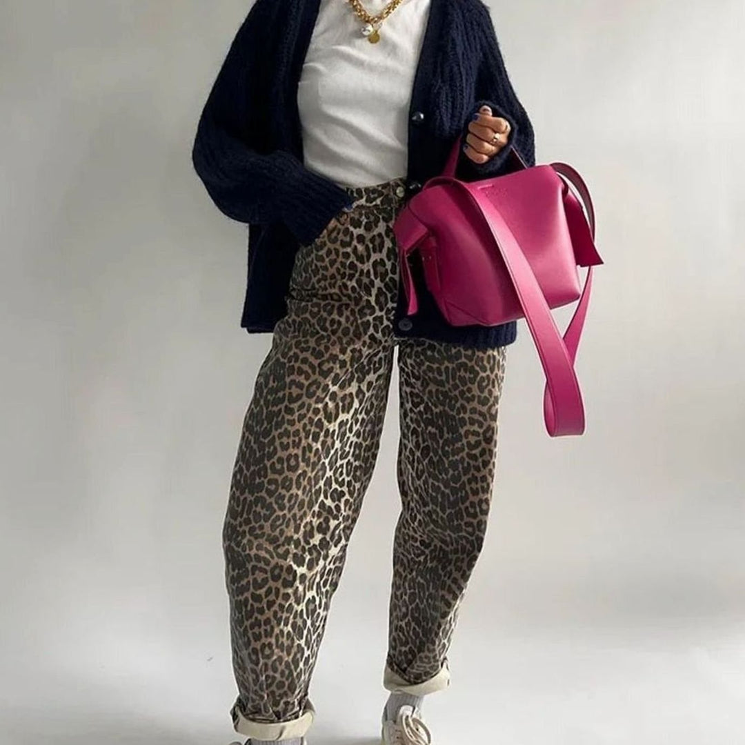 Women's High-Waist Leopard Print Vintage Straight-Leg Jeans