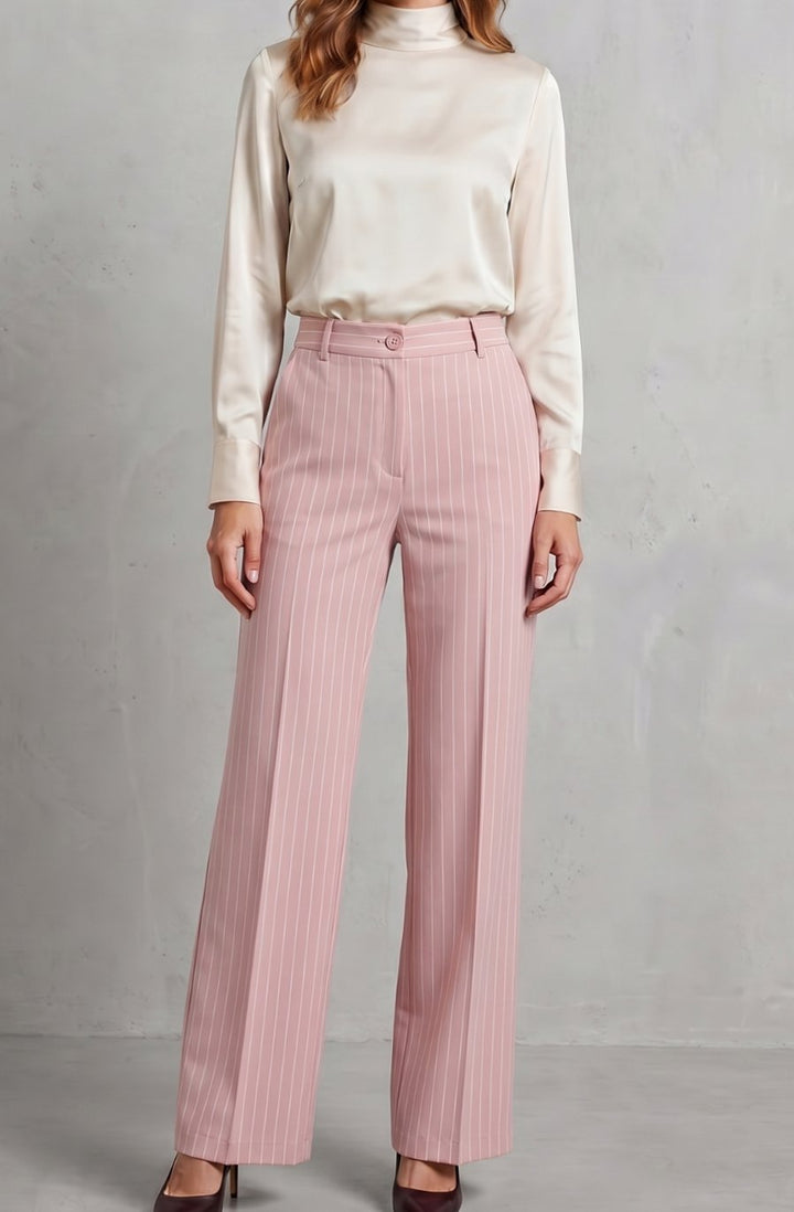 Women's High-Waist Pinstripe Wide-Leg Trousers, Black - Light Pink