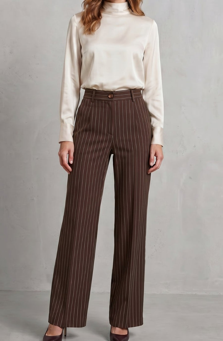 Women's High-Waist Pinstripe Wide-Leg Trousers, Black - Brown