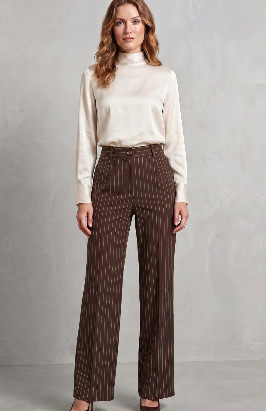 Women's High-Waist Pinstripe Wide-Leg Trousers, Black