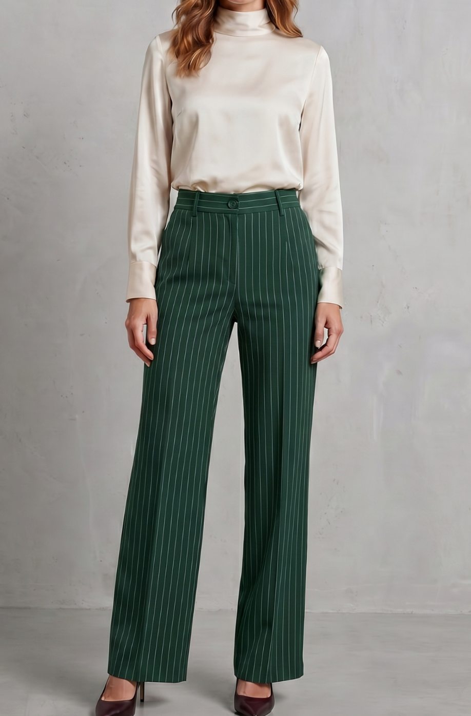 Women's High-Waist Pinstripe Wide-Leg Trousers, Black - Dark Green