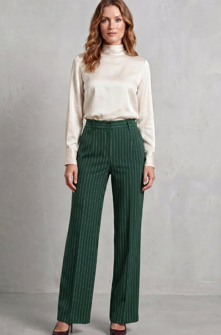 Women's High-Waist Pinstripe Wide-Leg Trousers, Black