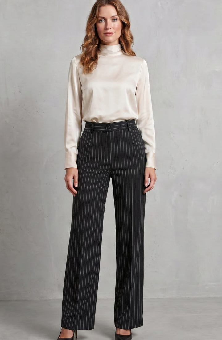 Women's High-Waist Pinstripe Wide-Leg Trousers, Black
