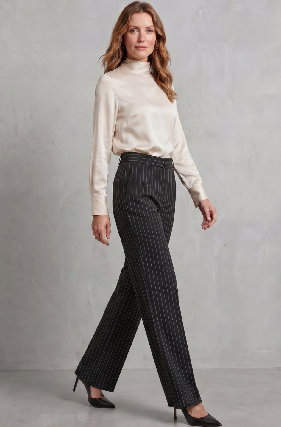 Women's High-Waist Pinstripe Wide-Leg Trousers, Black