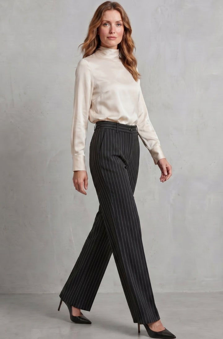 Women's High-Waist Pinstripe Wide-Leg Trousers, Black