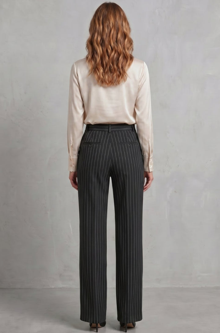Women's High-Waist Pinstripe Wide-Leg Trousers, Black