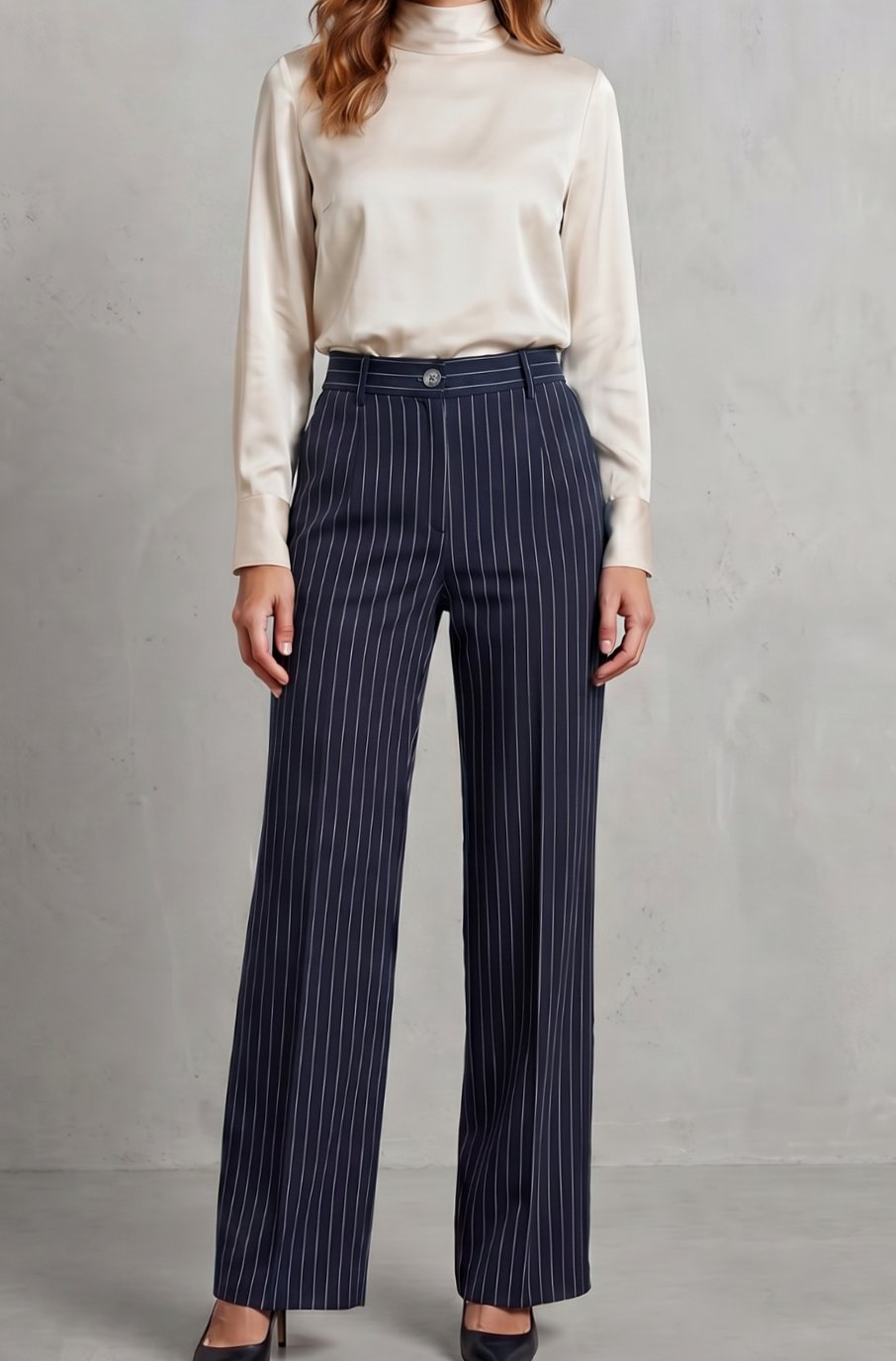 Women's High-Waist Pinstripe Wide-Leg Trousers, Black - Dark Blue