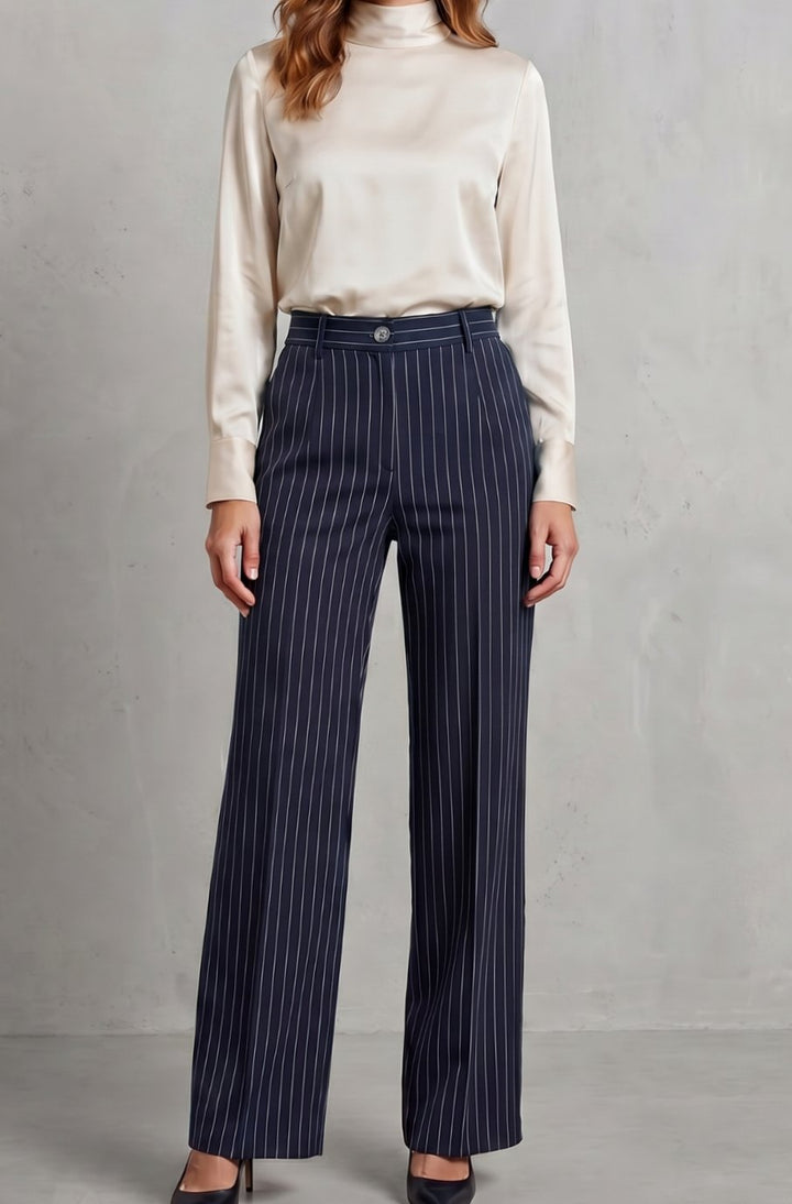 Women's High-Waist Pinstripe Wide-Leg Trousers, Black - Dark Blue