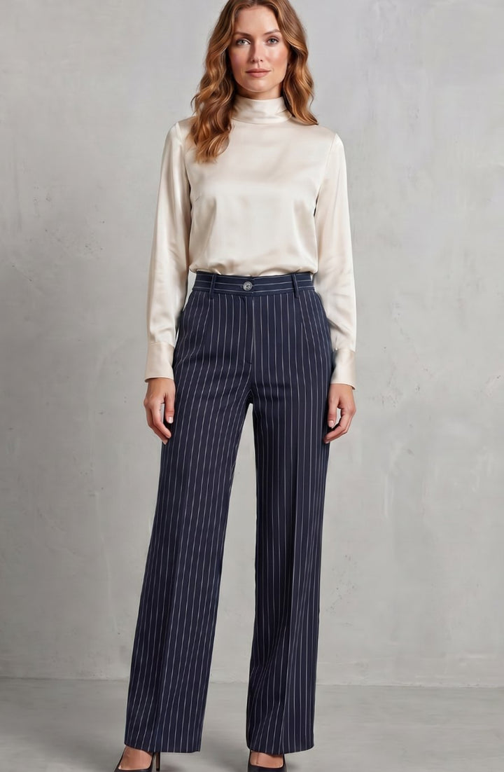 Women's High-Waist Pinstripe Wide-Leg Trousers, Black