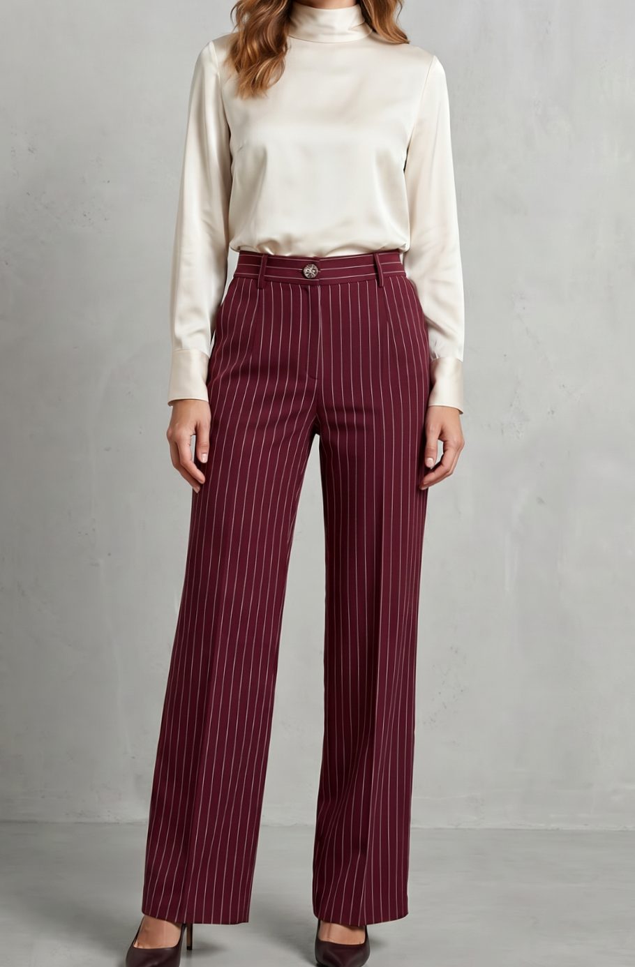 Women's High-Waist Pinstripe Wide-Leg Trousers, Black - Dark Red