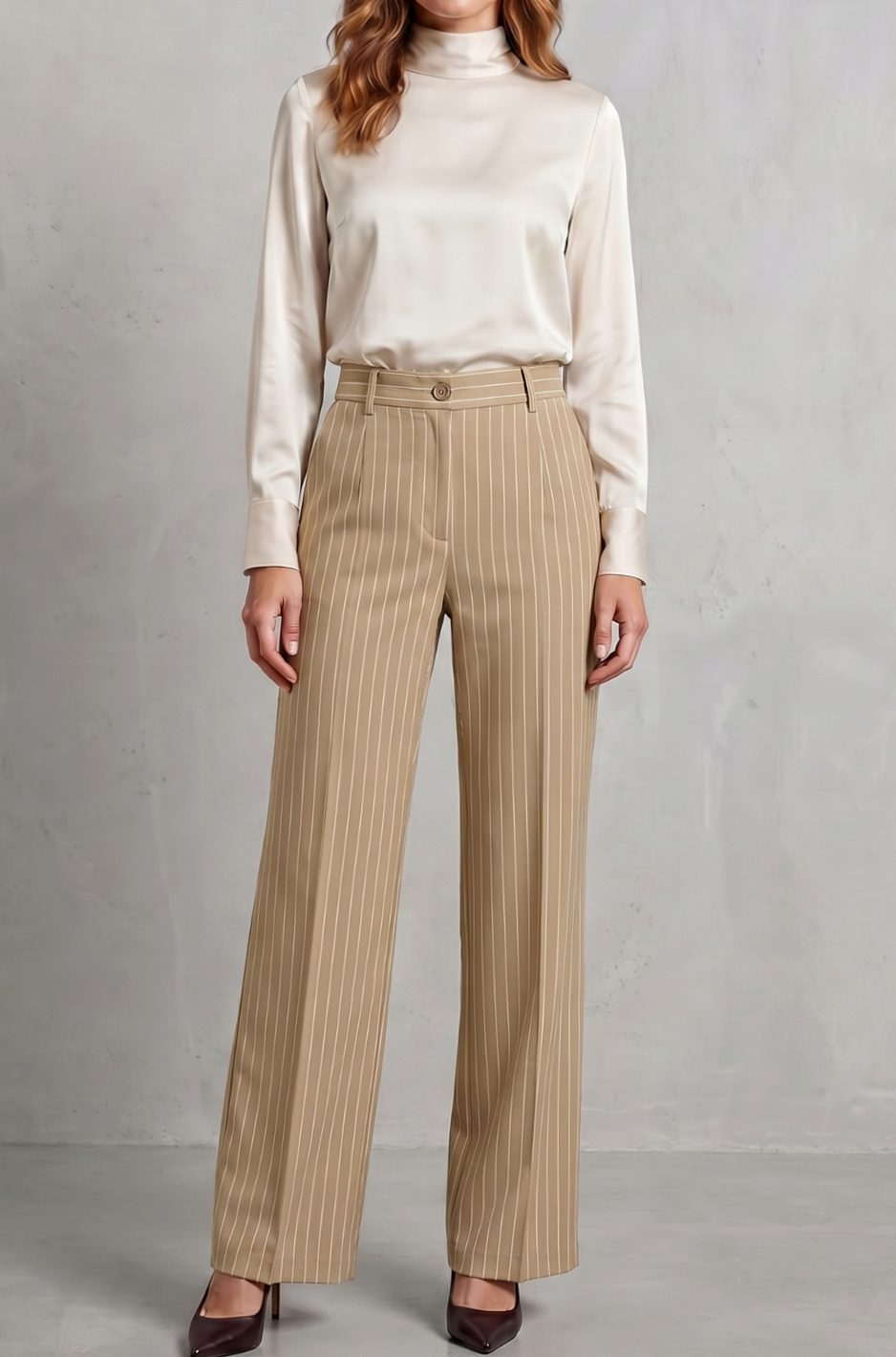 Women's High-Waist Pinstripe Wide-Leg Trousers, Black - Khaki