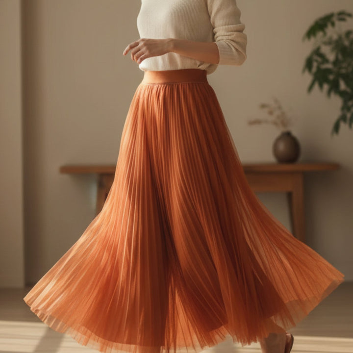 Women's High-Waist Pleated Midi Skirt Flowy A-Line