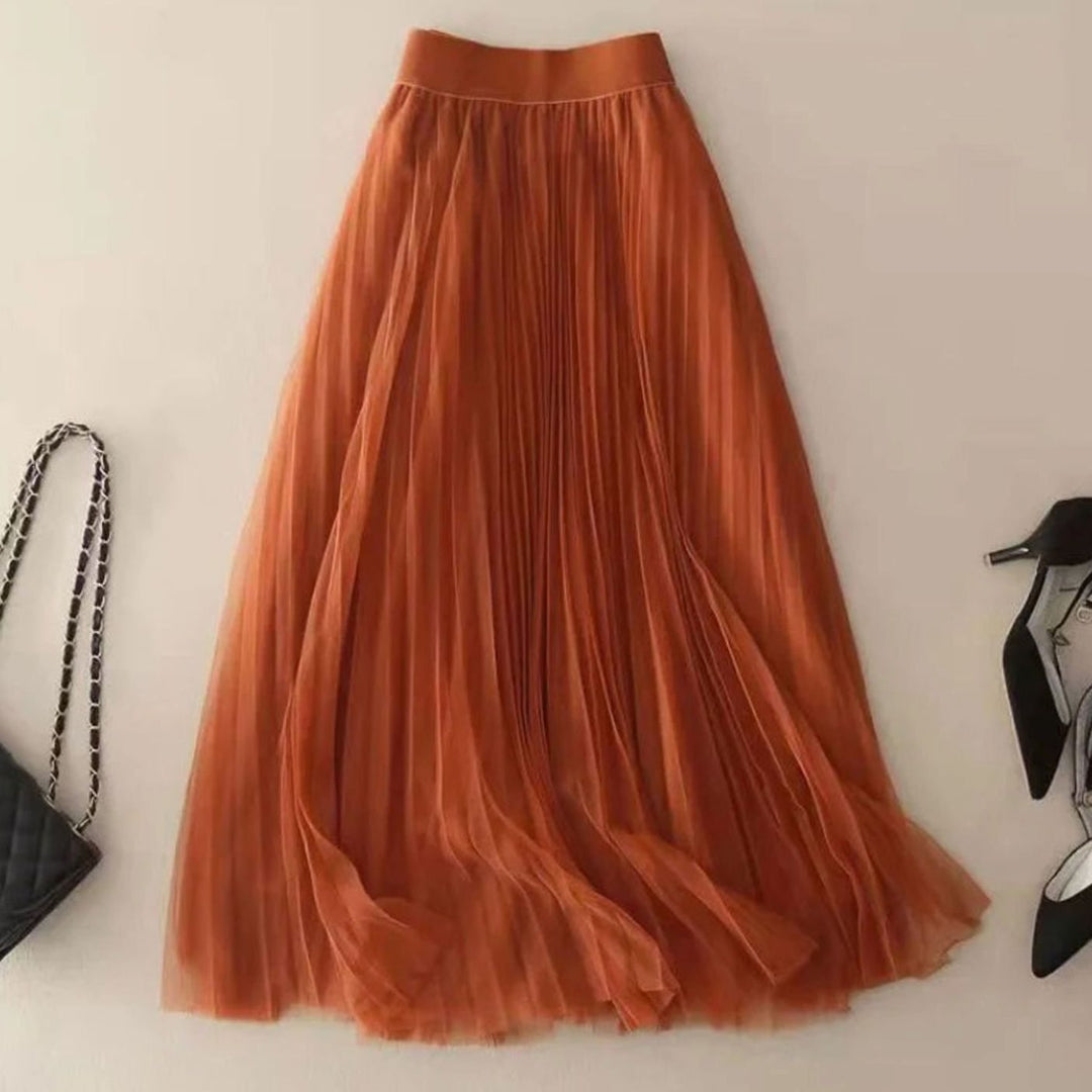 Women's High-Waist Pleated Midi Skirt Flowy A-Line - Rust Brown