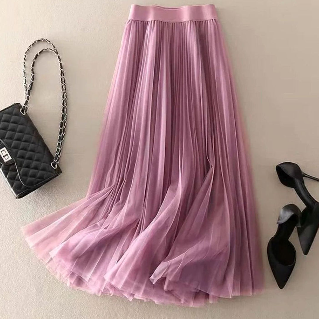 Women's High-Waist Pleated Midi Skirt Flowy A-Line - Pink