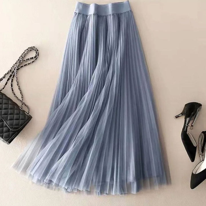 Women's High-Waist Pleated Midi Skirt Flowy A-Line - Blue