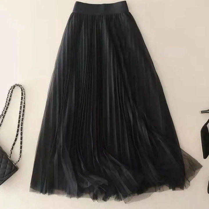 Women's High-Waist Pleated Midi Skirt Flowy A-Line - Black